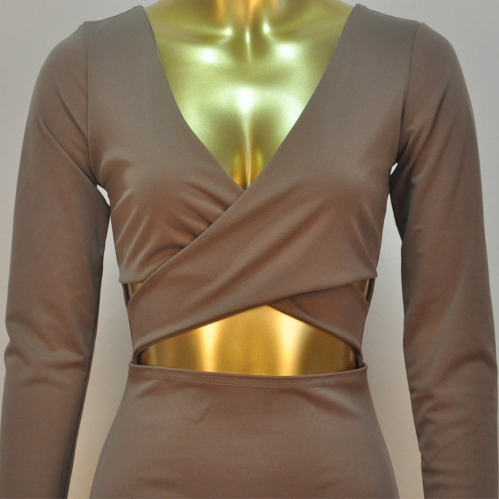 Long Sleeve Khaki HALTER Skirt MIDI Dress - Picture 5 of 6